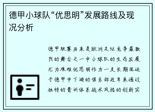 德甲小球队“优思明”发展路线及现况分析